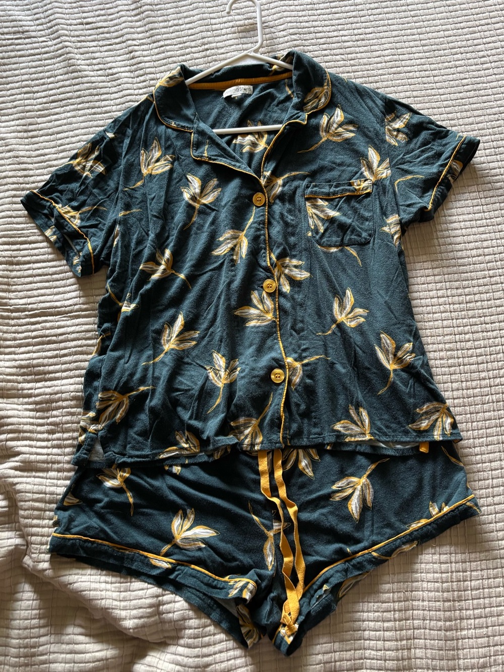 Women's Short Sleeve Floral Pajama Set - Dark Green & Goldenrod
